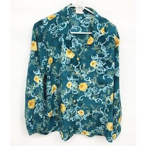 BonWorth Teal Gold Floral Roses Long Sleeve Blouse Button Up Size Petite M